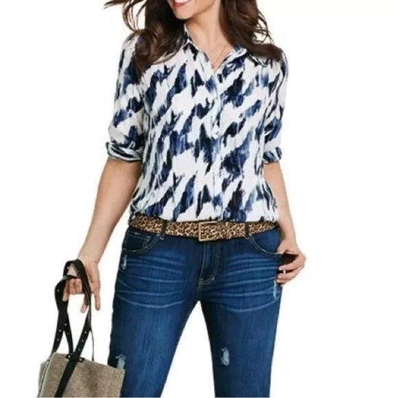 CAbi #3096 Moody Blues size Sm Button UP Blouse Navy/ White longsleeve M - Picture 1 of 8
